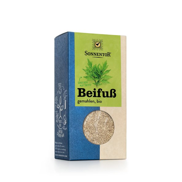 Photo of a pack ground mugwort. On the package is a picture of mugwort.