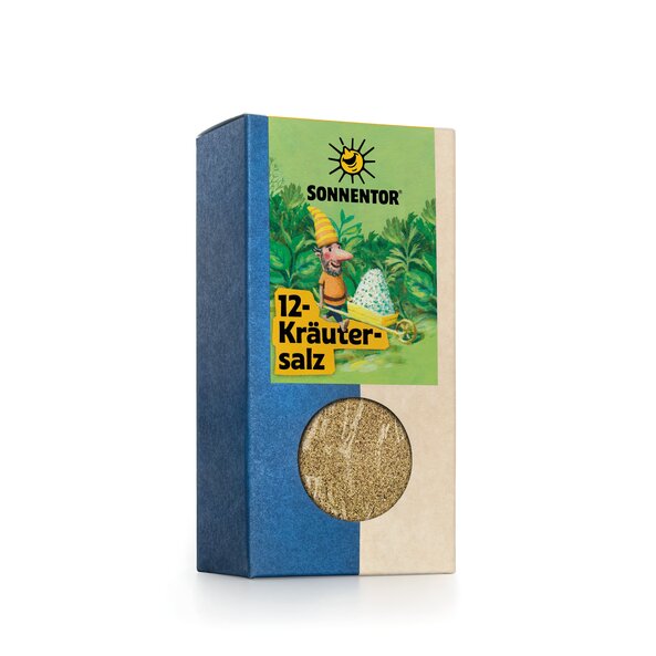 Photo of a pack 12-Herbs-Salt. On the package is a picture of a dwarf driving through a herb field with a wheelbarrow full of herbal salt.