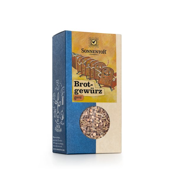 Foto einer Packung Brotgewürz ganz. Auf der Packung ist eine Abbildung von Brotscheiben, die in einer Reihe hintereinander gehen.