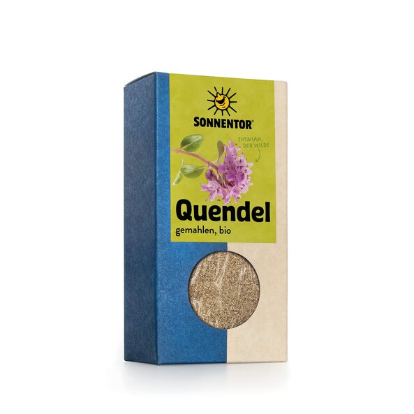 Foto einer Packung Quendel gemahlen. Auf der Packung ist eine Abbildung von einer Quendel.