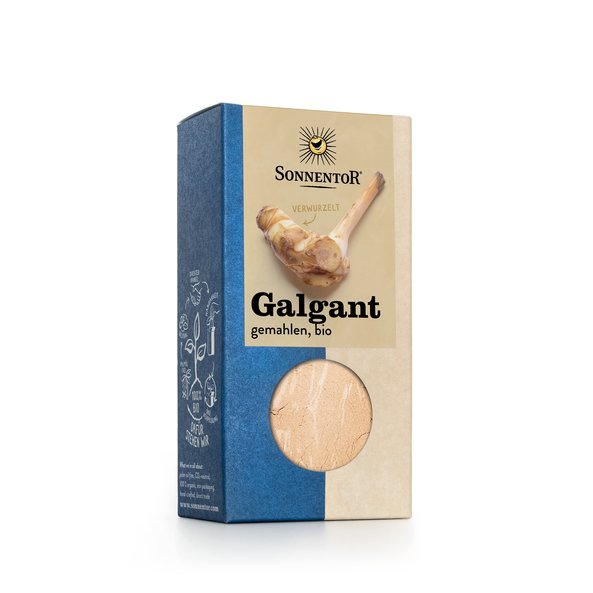 Photo of a pack ground galangal. On de package is shown a root.
