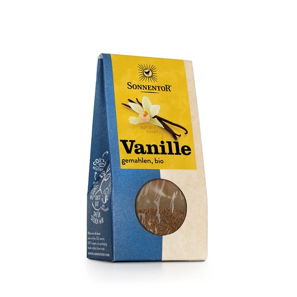 Foto einer Packung Vanillepulver. Auf der Packung ist eine Abbildung von einer Vanilleblüte und Vanilleschoten.