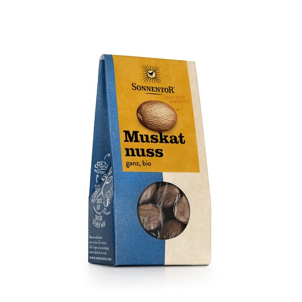 Photo of a pack Nutmeg whole. On the package is a picture of a Nutmeg.