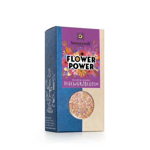 Foto von einer Packung Flower Power Gewürzblüten. Die Packung ist mit vielen Blumen gestaltet.