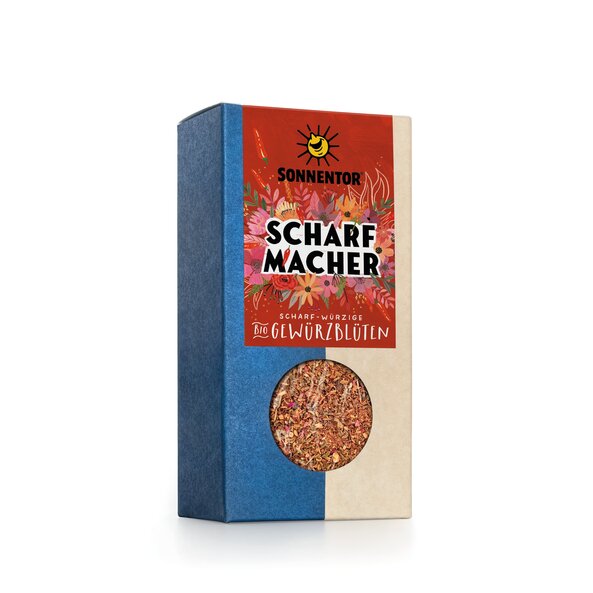 Photo of a pack hot stuff spice blossom. On the package is written SCHARFMACHER and all around are flowers shown.