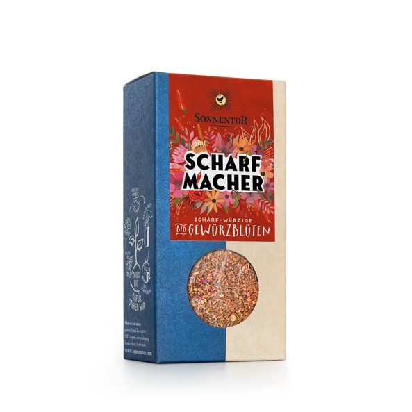 Photo of a pack hot stuff spice blossom. On the package is written SCHARFMACHER and all around are flowers shown.