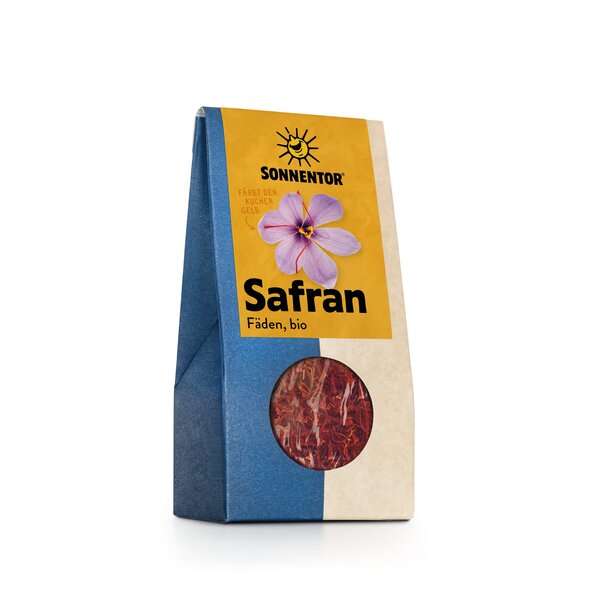 Photo of a pac saffron threads. On the package you can see a saffron flower.
