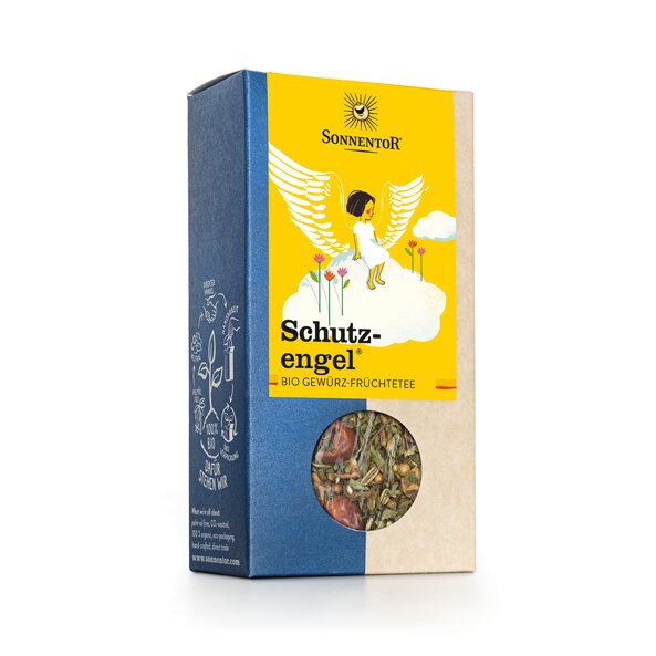 Photo of a pack of SONNENTOR Guardian Angel Tea loose. The package features a smiling guardian angel on a cloud surrounded by flowers.