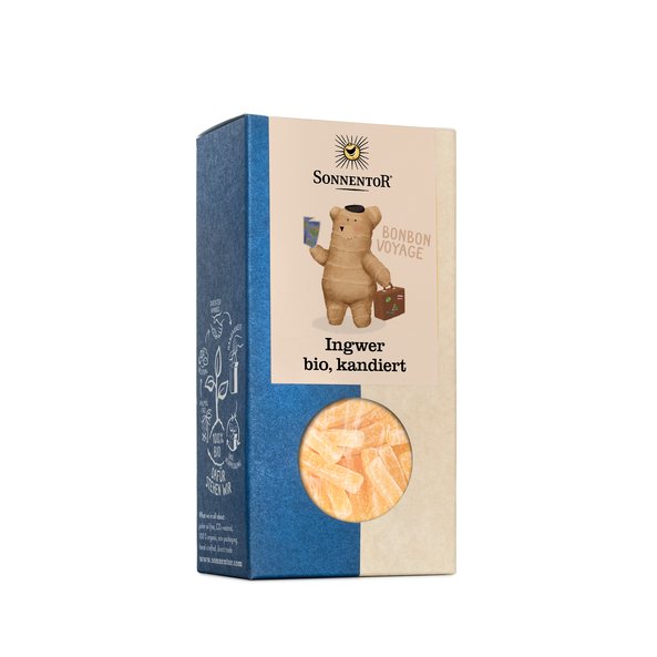Photo of a pack ginger candied. On the package you can see a ginger tuber in the shape of a bear with a travel suitcase and a book.