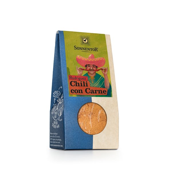 Photo of a pack Rodriguez's Chili con Carne. On the package you can see a man with a hat and two peppers.