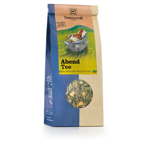 Photo of a pack evening tea loose. On de package is a hen sleeping in a teapot.