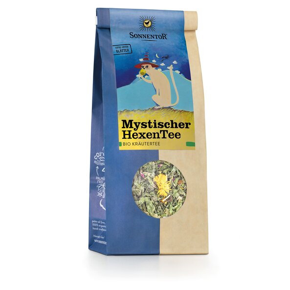 Photo of a pack Mystical Witch Herbal Tea loose Organic Herbal Tea Blend. On the package is a picture of a cat wearing a witch’s hat at night drinking a cup of tea.