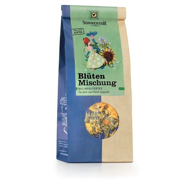 Photo of a pack Flowers Herbal Tea loose. On the pack you can see different blossoms.