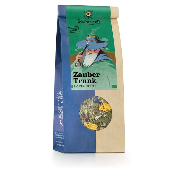 Photo of a pack Magic Potion Herbal Tea loose. On the package is a picture of an old man with a long white beard, a cup of tea as a magic hat and a wand in his hand.