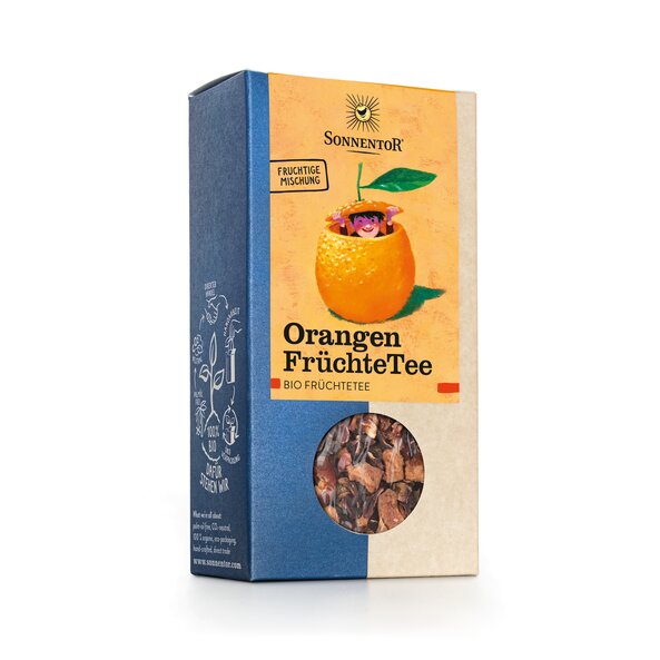 Foto einer Packung Orangen Früchtetee lose. Auf der Verpackung ist eine Abbildung von einem Mann, der aus einer Orange raussieht.
