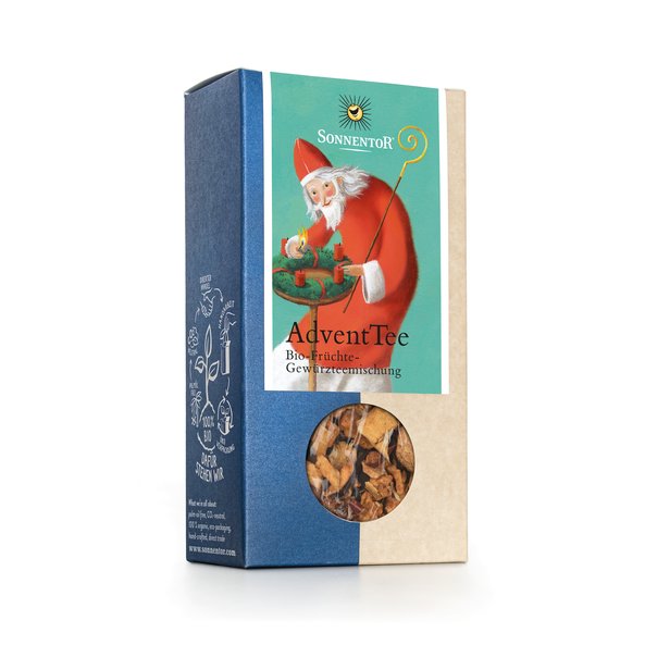 Foto einer Packung Advent Tee lose Bio-Früchte-Gewürzteemischung mit Vanilleextrakt aromatisiert. Auf der Packung ist eine Abbildung von einem Nikolaus der die Kerzen eines Adventkranzes anzündet.