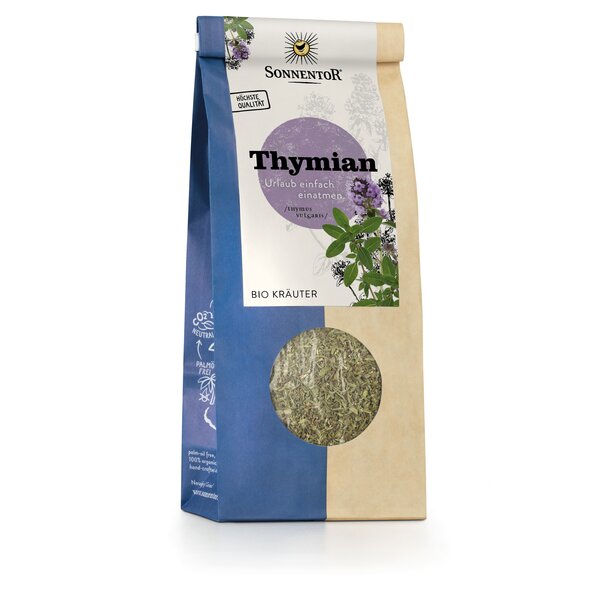 Foto einer Packung Thymian lose. Auf der Packung ist eine Abbildung von einer Thymian Pflanze.