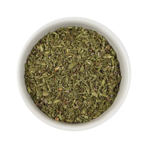 Photo of a small bowl filled with the loose Thyme Tea from SONNENTOR.