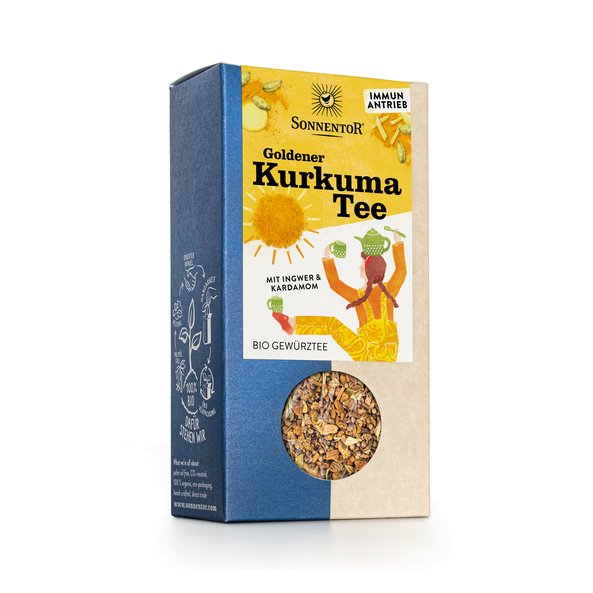Photo  of a pack Golden Turmeric Tea loose Organic Spice Tea Blend. There is a picture of a woman standing on one leg holding a teacup on the left and a teaspoon on the right, while simultaneously balancing a teapot on her head and another cup on her raised leg.
