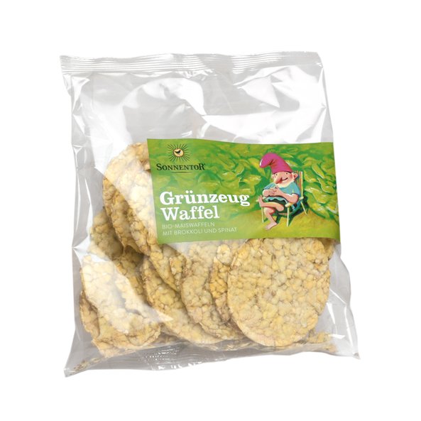 A pack of waffles with green a label with a garden gnome on it.
