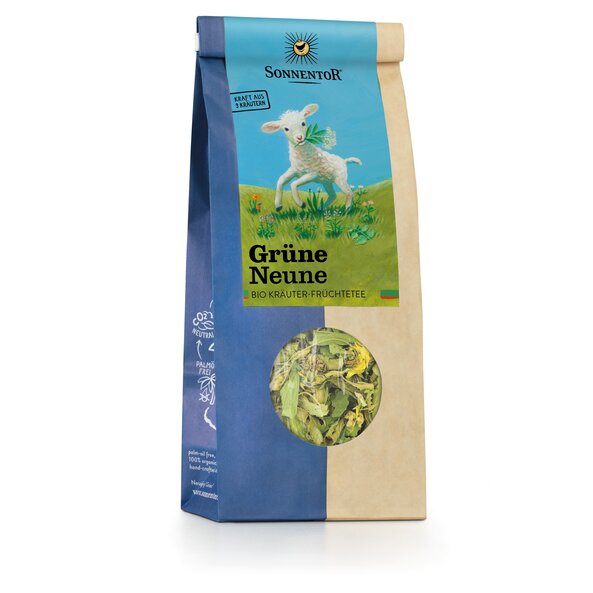 Photo of a pack nine greens loose Organic Herbal Fruit Tea Blend. On the package is a picture of a lamb on a flower meadow with a flower in its mouth.