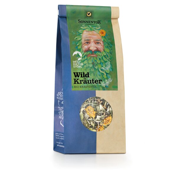Photo of a pack of wild herbs tea loose. On the package is a picture of a man with a beard and hair made of herbs.
