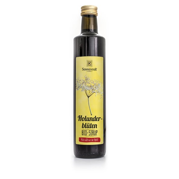 Photo of a bottle elderflowers syrup. On the bottle you can see an elderberry branch with flowers.