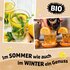 Gläser mit Zitronen-Minze-Getränk und heißem Ingwerdrink, Text „BIO“ und „Im Sommer wie auch im Winter ein Genuss“
