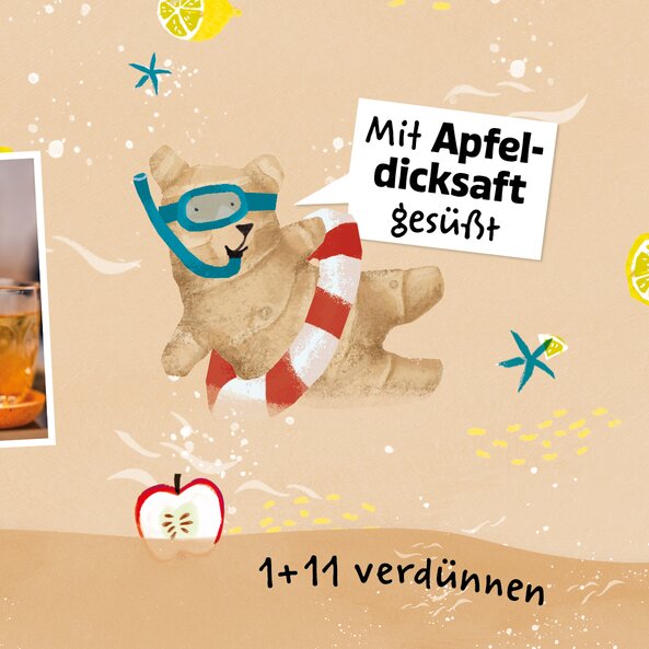 Illustration mit Ingwerfigur, Text „Mit Apfeldicksaft gesüßt“ und „1+11 verdünnen“