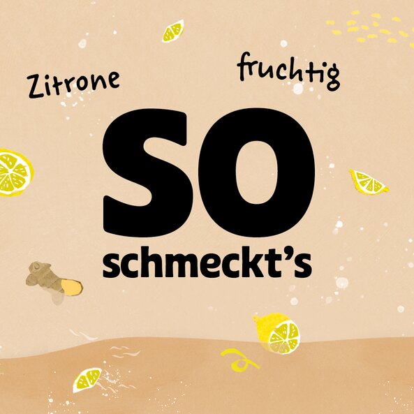 Text „So schmeckt's: Zitrone, fruchtig“ mit Zitronen-Illustrationen