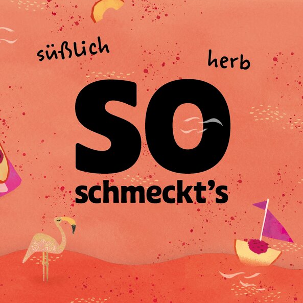 Text "So schmeckt's: süßlich, herb" mit Pfirsich-Illustrationen | © SONNENTOR