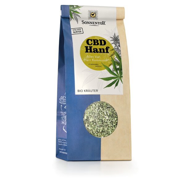 Photo of a pack hemp-CBD loose Organic Herbal Tea. There is a picture of hemp leaves on the package.