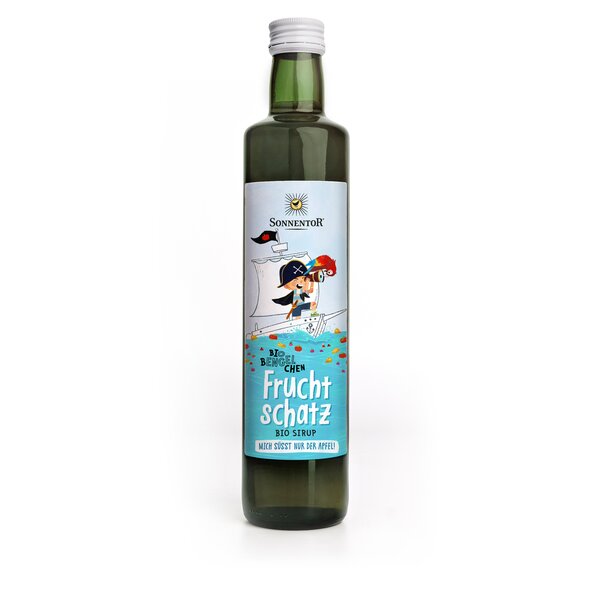Photo of a bottle fruit treasure syrup. On the bottle is a boy on a sailboat with binoculars.