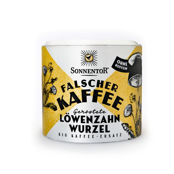 Photo of a tin Fake Coffee. On the can are dandelion and a cup of coffee depicted .