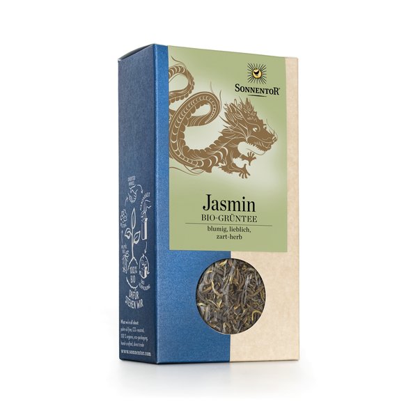 Photo of a pack jasmine green tea loose. On the package there is an dragon depicted.