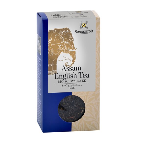 Photo of a pack Assam English Tea black tea loose. On the package you can see an elephant.