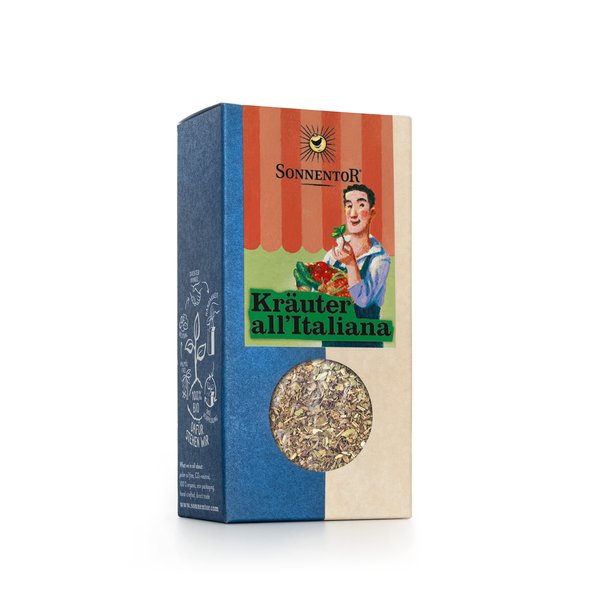 Photo of a pack herbs all'Italiana. On the package you can see a man with fresh herbs and vegetables.