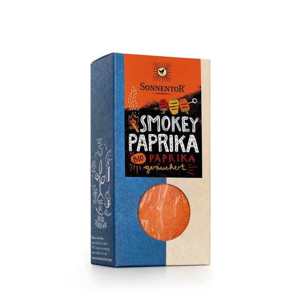 Foto von einer Packung Smokey Paprika. Auf der Packung sind Paprika und ein Feuer zu sehen.
