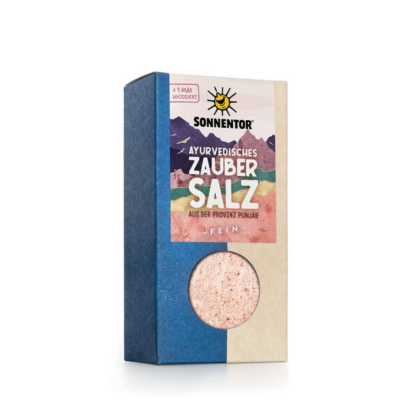 Photo of a pack Ayurvedic magic salt. On the package you can see mountains in various colors.