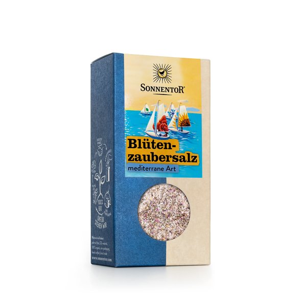 A photo of a pack Mediterranean Blossom Magic Salt. On it you can see four sailing ships by the sea.