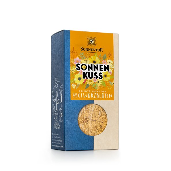 Photo of a pack sun kiss spice flowers. On the package is written SONNENKUSS and around this word are flowers depicted.