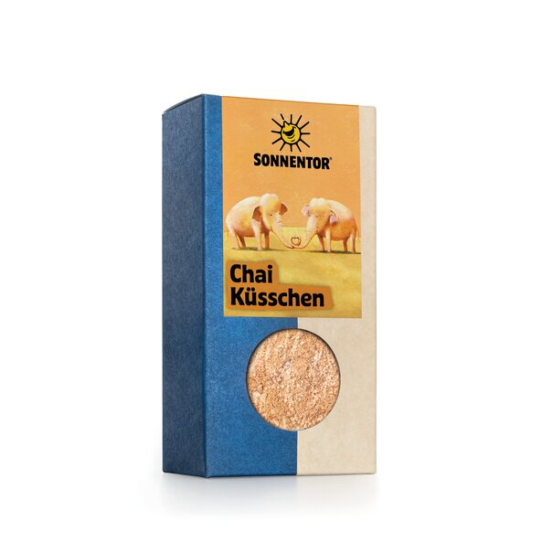 A photo of a pack Chai Kiss Spice Preparation. On it are two elephants depicted .