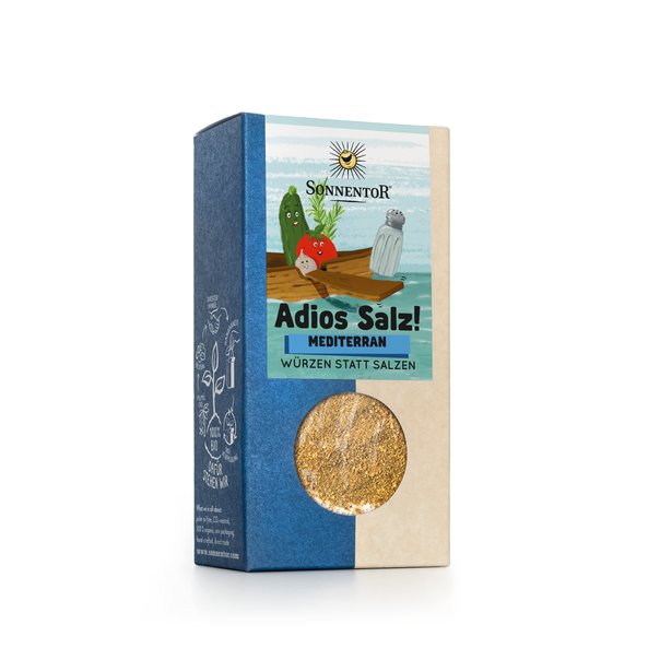 Eine Packung Adios Salz! mediterran. Auf der Packung sind eine Zucchini, Tomate und Knoblauchzehe auf einem Boot zu sehen und werfen das Salz ins Meer.