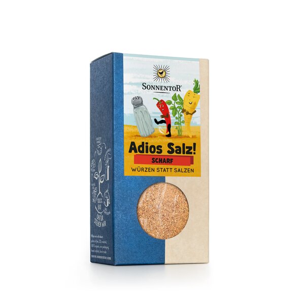 A photo of a pack Adios Salt! Vegetable mix spicy. On the package, a pepperoni and a carrot are pushing away the salt.