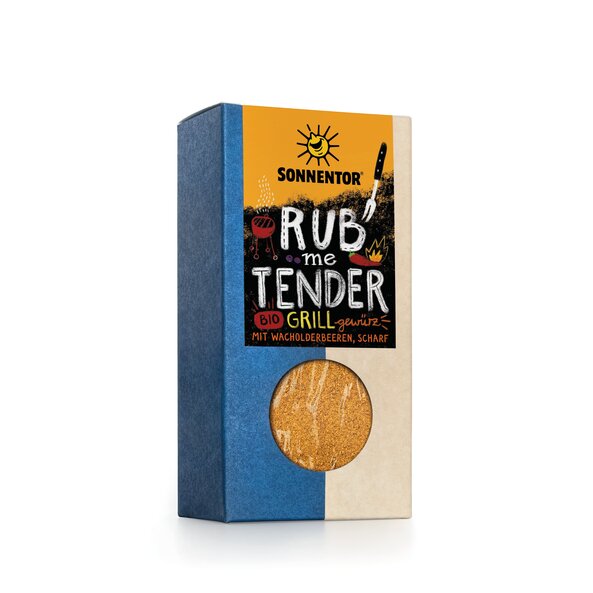 Foto einer Packung Rub me Tender Grillgewürz. Auf der Packung sind diverse Grillutensilien zu sehen.