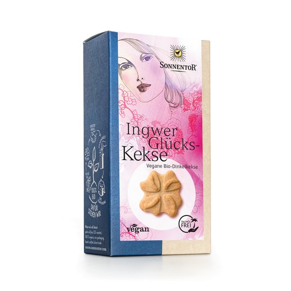 Foto einer Packung Ingwer Glücks Kekse. Auf dem rosa Etikett ist eine Frau abgebildet.