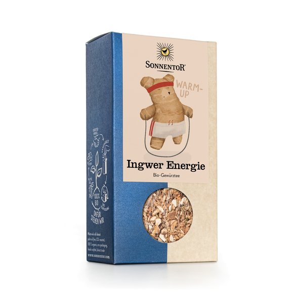 Photo of a pack Ginger Energy Tea loose Organic Spice Tea Blend. On the package is a picture of a ginger bear (Ingbär) doing sports with a skipping rope in his hands.