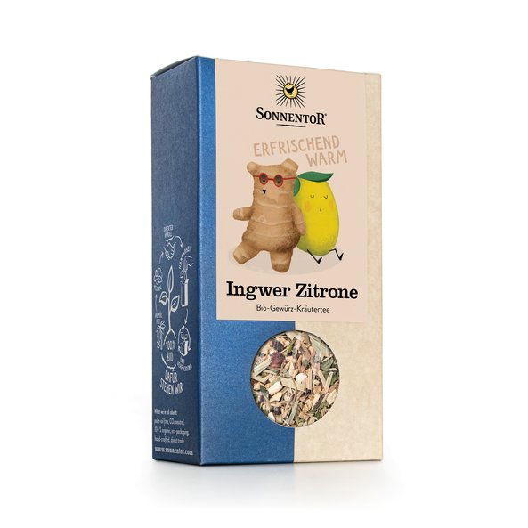Photo of a pack Ginger Lemon Tea loose Organic Spice Herbal Tea Blend. On the package is an Illustration of a ginger bear with red glasses and a yellow lemon sitting relaxed together.