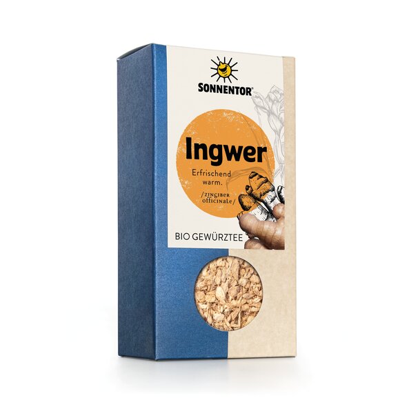 Foto einer Packung Ingwer Tee lose. Auf der Packung ist eine Abbildung von einem Ingwer Bär (Ingbär) mit einem Schal um den Hals gewickelt.
