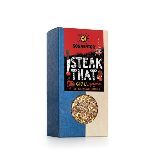 Photo of a pack Steak That BBQ Spice. On the package you can see many barbecue utensils.